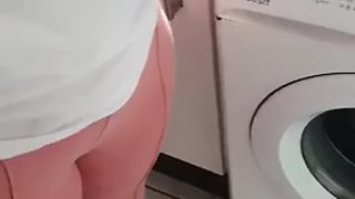 Step mom big ass in pink pants get slapped by step son in the kitchen