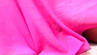 Busty ladyboy in white skirt plays with her small dick till