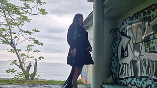 Great Walk to the Sea. Dominatrix Nika Fucked Her Submissive in the Ass and Mouth. Back Flogging, Femdom and BDSM.