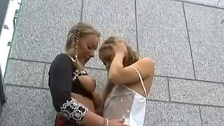 Sexy German teens sharing big dick in a public threesome