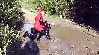 Femdom Humiliation, Pissing, Belly Fetish, Latex, Wet and Messy