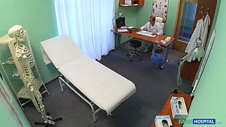 Busty blond needs help in the physicians toilet - faux medical center