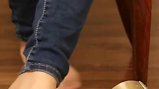 Jeans and Gold Two-strap Sandals - Nylon Feet Tease