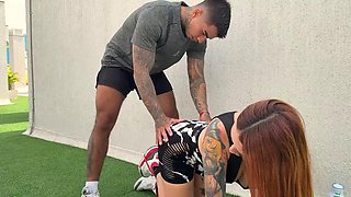 Muscular coach fucks student outdoors