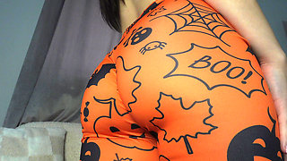 Indian big ass wife halloween  leggings doing camel toe pussy then masturbating and playing with her big tits