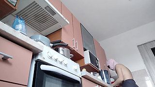Sexy Naked Wife Preparing Food in the Kitchen. Hairy Brunette, Big Ass, Big Tits.