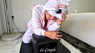 Cute Amateur MILF in Unicorn Costume with Her Sybian Sexmachine - Two Huge Orgasms