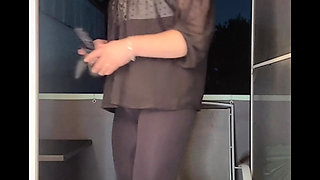 Sissy teasing and dildo riding on balcony