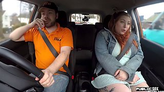 Curvy ginger inked babe publicly fucked in car by instructor