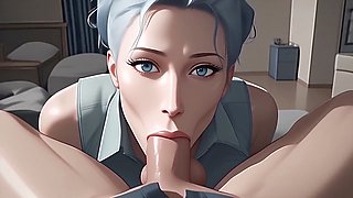 Blue-haired milf Atkins' Heaven gives a mind-blowing deep-throat blowjob in animated style