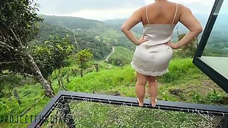 Chubby Secretary Fucks Boss on Balcony in Satin Dress - Outdoor Risky Sex