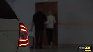 OLD4K. Chick with big mammaries satisfies old man at home...