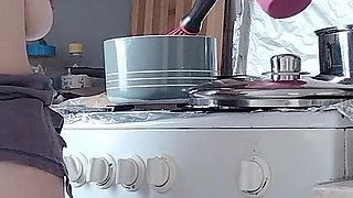 Sexy Naked Wife Preparing Food in the Kitchen. Hairy Brunette, Big Ass, Big Tits.