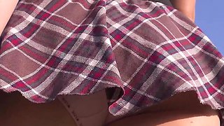 Student Girl Walks Outdoors and Flashing Full Back Panties Under Skirt