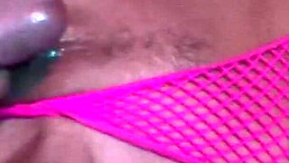 Blonde babe in fishnets gets gangbanged