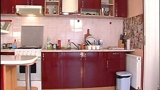 Sexy big boobs blonde foot job foot fetish in the kitchen