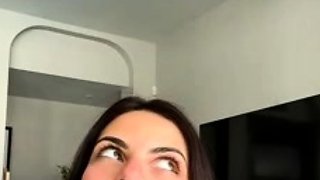 Busty curly brunette with big boobs fucks on couch