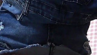 No Bra Denim Overalls Mini Skirt and White Micro Thong Wedgie Crotch, Perfect Body Big Tits Japanese Girl Seduce