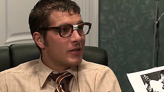 Horny secretary slurps her boss's fat penis in uncensored