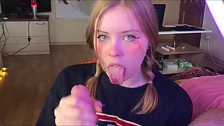 Teen student gives messy blowjob while still looking so cute