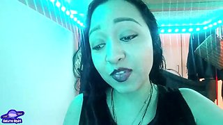 Gothic babe masturbates her pink hairy pussy while moaning a lot, her MILF stepmom records her with her cell phone, lesbian POV