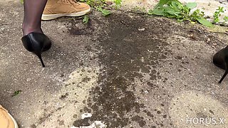 French MILF Ellie Bymer Fucks a Stud Outside While Her Husband Watches