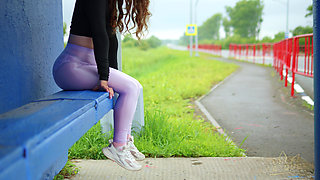 54-semi-sheer Leggings and Panties Showing, and I'm Standing at a Bus Stop Teasing Drivers *4k 60fps