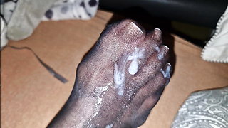 Licking semen of wife's nylon feet - french pedicure and dirty nylon sock of my cum