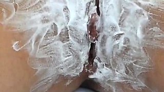 Shave Your Pussy with Trimmer and Razor with Shaving Foam Close-up!