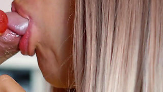 Tease sensual blowjob with sweet lollipop by cute girlfriend