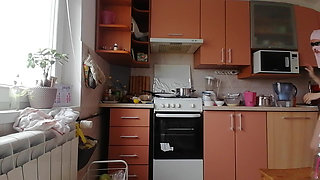 Sexy mom prepares breakfast, hairy pussy, big tits. Sexy wife cleans the house, hairy pussy, big ass.