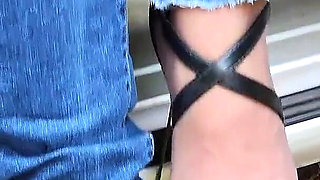 Outdoor Nylon Footjob and Heels