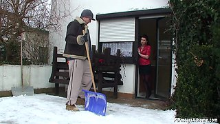 A guy shovels her snow then plows her tight, wet pussy