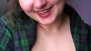Busty curly brunette with big boobs fucks on couch