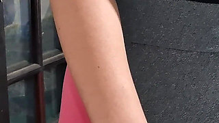 Masturbating Her Camel Toe on the Table with the Neighbor's Help.