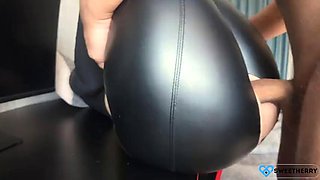 Stepsister decided to show me her hole in leather leggings! I fucked her through torn sports leggings