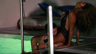 Tattooed latina gets big cocks in her shaved pussy by the pool.