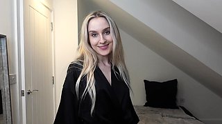 Small tit blonde sucks a big cock POV