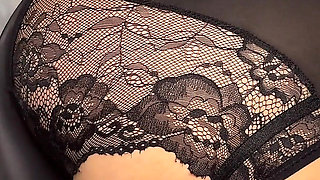 Cheating Nerdy Girl Wearing Glasses and Shiny Black Pan