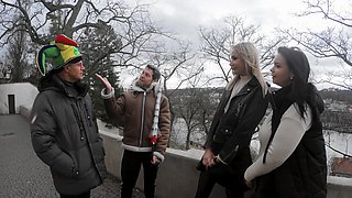 A group of guys fucked a pretty woman with huge natural tits in the bedroom.