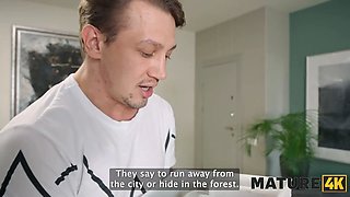 Mature4k. she was mature and lonely, he came to quiet her down by putting his meaty cock in her throat