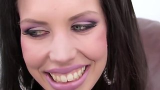 Skinny whore with piercing eyes rides stud's cock