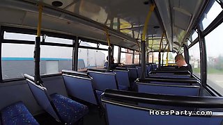 Threesome fuck party in public bus