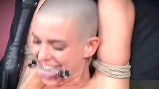 Flexible bdsm sub with shaved head toyed