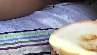 My Naughty Stepsister Handjobs My Big Cock and Eats Cumshot with Bread