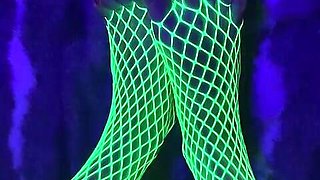 Tiny Asian Feet with Long Toes in Green Neon Fishnet