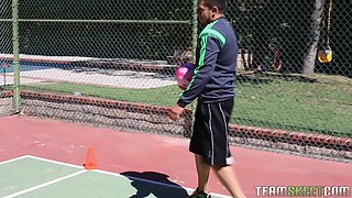 Cute athletic babe lets her coach fuck her tight pussy