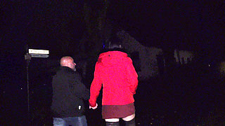 Horny brunette in sexy stockings swallows a warm load outdoors