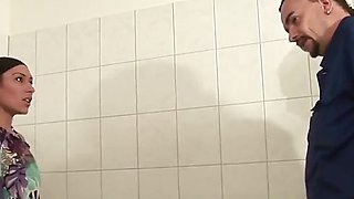 Tattooed red hair girl pussy fucking in the toilet