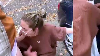 Horny slut suck cock and takes hard doggy pounding in public